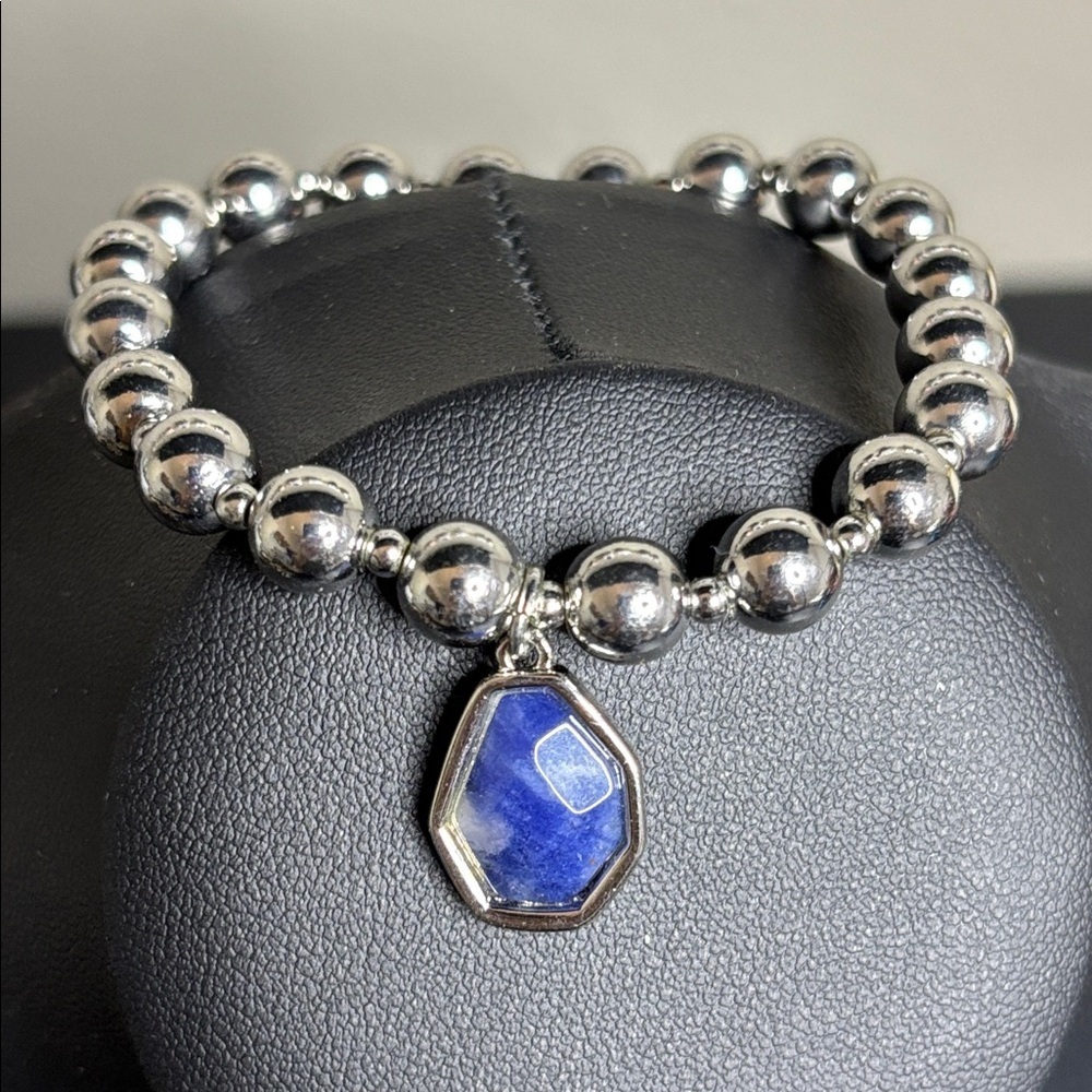 Silver Metal Beads Beaded Stretch Bracelet with Dragonfly & Blue Stone Charm